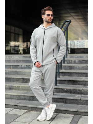 Madmext Gri Erkek Kapüşonlu Fermuarlı Erkek Eşofman Takımı E7343