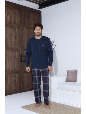 Meri Erkek Mavi Uzun Kollu Düğmeli Yuvarlak Yakalı Ekose Desen Erkek Pijama Takımı