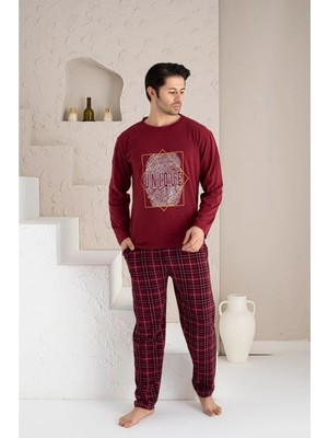 Meri Erkek Bordo Uzun Kol Sıfır Yaka Pamuklu Ekose Desenli Pijama Takımı