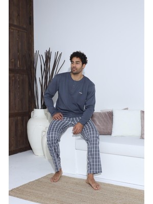 Meri Erkek Gri Uzun Kollu Düğmeli Yuvarlak Yakalı Ekose Desen Erkek Pijama Takımı