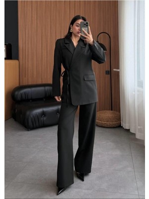 Ecenin Favorileri Yandan Bağlamalı Siyah Ceket Pantolon Kadın Alt-Üst Takım
