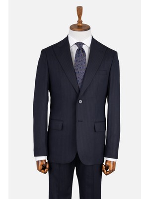 Erkek  Klasik Takım Elbise Çizgili Kırlangıç Yaka Puntolu Çift Yırtmaç Rahat Kalıp Lacivert