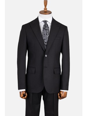 Erkek  Klasik Takım Elbise Çizgili Kırlangıç Yaka Puntolu Çift Yırtmaç Rahat Kalıp Siyah