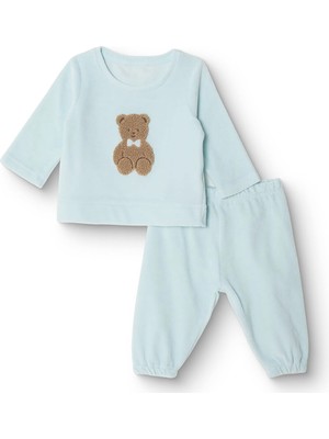 Hellobaby Erkek Bebek Kadife Pijama Takımı Bisiklet Yaka Uzun Kol Ribanalı Paça
