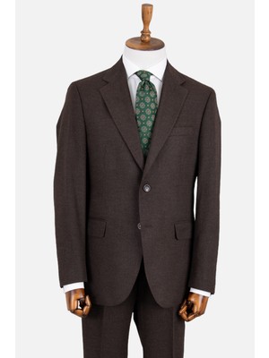 Erkek Klasik Takım Elbise Flanel Yün Mono Yaka Çift Yırtmaç Rahat Kalıp Kahverengi