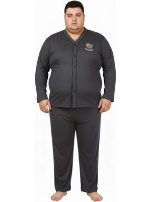 Erkek Battal Büyük Beden Koyu Gri Önden Düğmeli Biyeli Armalı Pamuklu Pijama Takımı Merimu