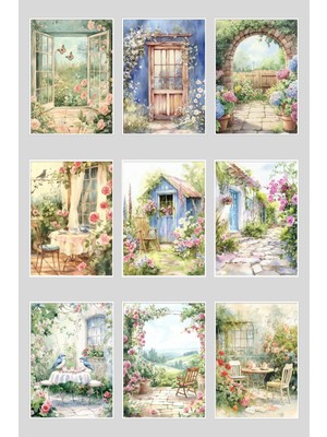 Qoeuyl Boutique Retro Çizim Sokak ve Evler Temalı 9'lu Kartpostal