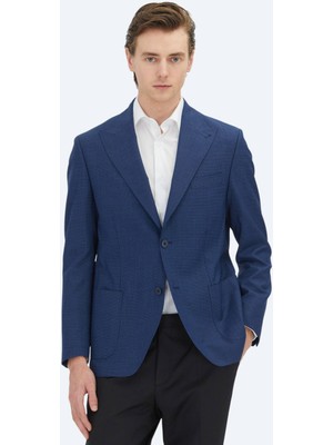 Kip Mavi Mikro Modern Fit %100 Yün Ceket