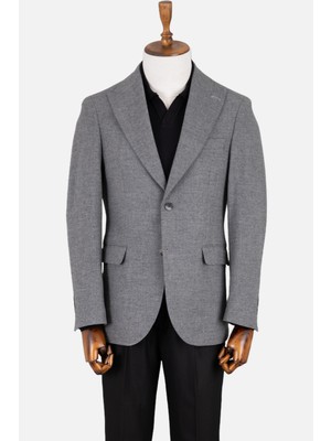 Erkek Iki Düğme Ceket Flanel Yün Desenli Sivri Yaka Çift Yırtmaç Gri