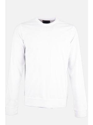 Erkek Bisiklet Yaka Sweatshirt Merserize Dokuma Pamuk Rahat Kalıp Beyaz