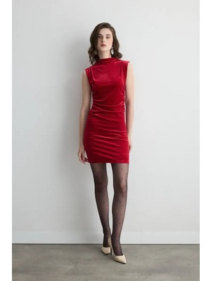 Gusto Dik Yakalı Kolsuz Kadife Mini Elbise - Kırmızı