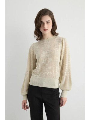 Gusto Ajurlu Balon Kol Triko Bluz - Bej