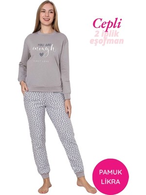 Bie's Kadın Gri Kalpli Bisiklet Yaka Bilek Manşetli 2 İplik Cepli Kışlık Jogger Eşofman Pijama Takımı Homewear