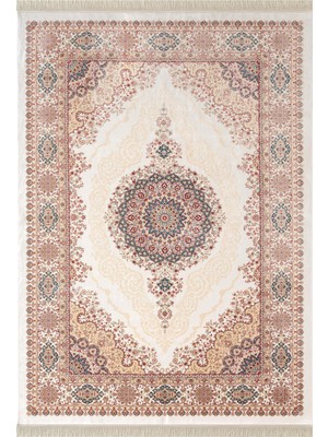 Karmen Halı Imperial Luxe IL004R Krem Çerçeveli Göbekli Halı Klasik Desen 100 Tarak Bambu Viskon Ipek Serisi