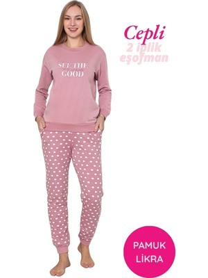 Bie's Kadın Pembe Puantiyeli Bilek Manşetli 2 İplik Cepli Kışlık Jogger Eşofman Pijama Takımı Homewear