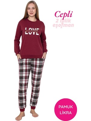 Bie's Kadın Bordo Bisiklet Yaka Bilek Manşet 2 İplik Cepli Kışlık Jogger Eşofman Pijama Takımı Homewear