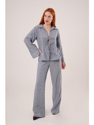 Bosel Ön Bağlama Detaylı Pantolon ve Gömlek Indigo Ikili Takım