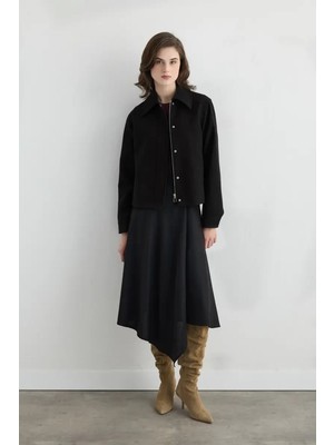 Gusto Fermuarlı Yünlü Kaşe Ceket - Siyah