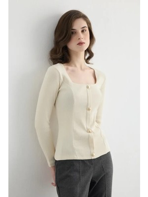 Gusto Kare Yaka Pamuk Örme Bluz - Ekru