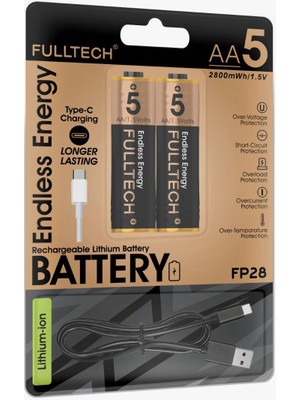 Azurtech Fulltech USB Type-C Şarjlı Aa Kalın Pil 1.5V | 1000+ Kez Şarj Edilebilir Lityum Pil | Kalem Pil (2’li