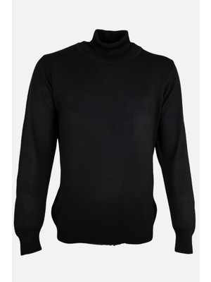 Erkek Tam Balıkçı Yaka Triko Kazak Slim Fit Yün Siyah