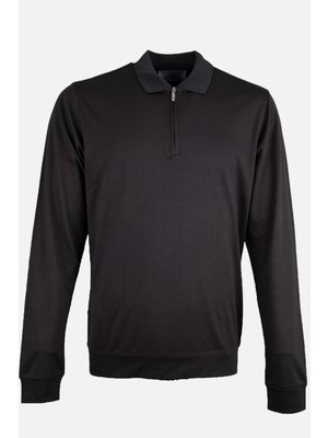 Erkek Sweatshirt Polo Yaka Merserize Dokuma  Fermuarlı Siyah