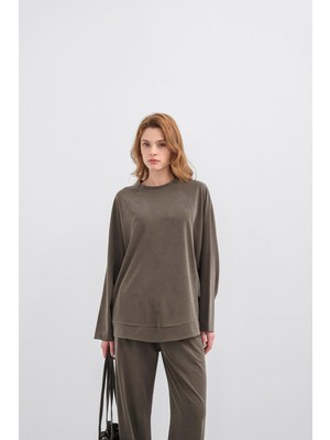 Haki Kadın Tencel Karışımlı Yumuşak Dokulu Bisiklet Yaka Basic Bol Paça Alt-Üst Takım