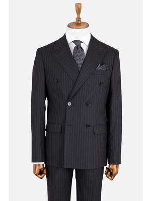 HC MEN CLASSIC Erkek Siyah Kırlangıç Yaka Çizgili Modern Fit Kruvaze Takım Elbise