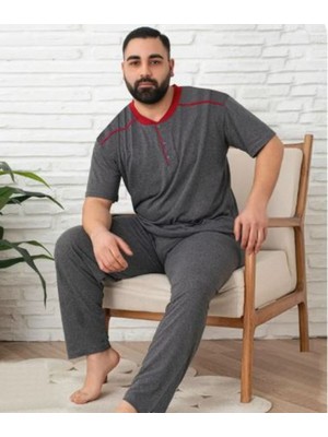 Meri Erkek Büyük Beden Gri Düğmeli Yakan Kısa Kol Pamuk Süprem Pijama Takımı