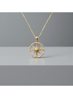 Nova Grup Pusula Figürlü Zirkon Taşlı Çember 14 Ayar Altın Kolye
