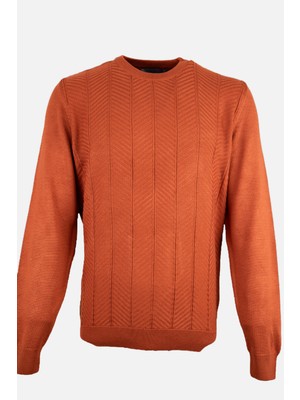 Erkek Bisiklet Yaka Triko Kazak Balıksırtı Desen Yün Modern Fit Kiremit