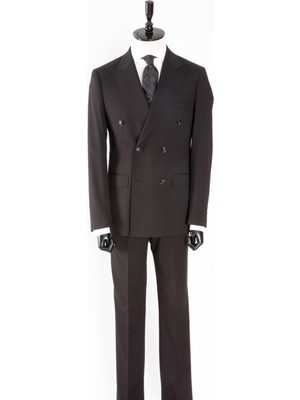 Erkek Kruvaze Takım Elbise Düz Renk Kırlangıç Yaka Çift Yırtmaç  Modern Fit Siyah