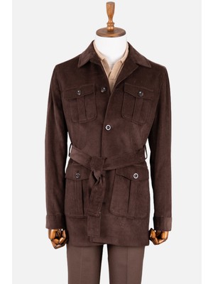 HC MEN CLASSIC Erkek Kadife Kumaş Kuşaklı Trençkot Kahverengi Mono Yaka Safari Cepli Fitted Tasarım