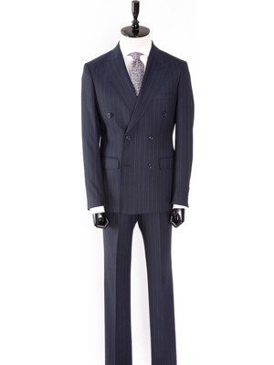 HC MEN CLASSIC Erkek Lacivert Kırlangıç Yaka Çizgili Modern Fit Kruvaze Takım Elbise