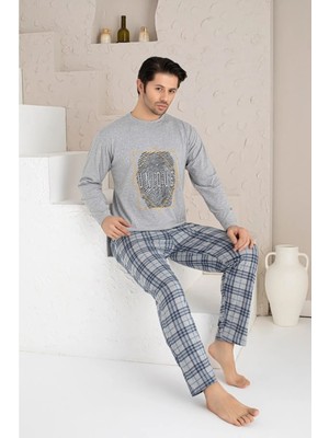 Meri Erkek Ekose Desenli Uzun Kollu Sıfır Yaka Pijama Takımı