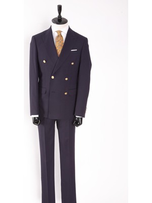 Erkek Kruvaze Takım Elbise Kendinden Dokulu Sivri Yaka  Modern Fit Metal Düğme Lacivert