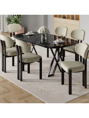 Canisa Radon Serisi Mdf 90X168 Sabit Siyah Mermer Desen Mutfak Masası Takımı 6  Sandalye