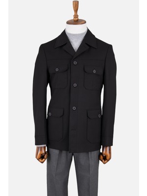 Erkek Safari Ceket Astarsız  Mono Yaka Baharlık Slim Fit Siyah