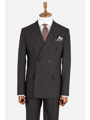 Erkek Kruvaze Takım Elbise Çizgili Kırlangıç Yaka Çift Yırtmaç Modern Fit Acı Kahve
