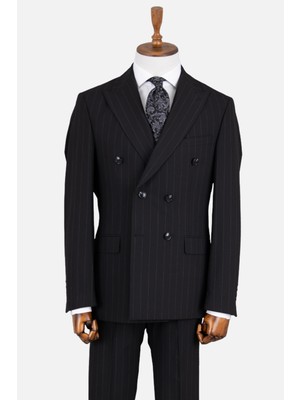 Erkek Kruvaze Takım Elbise Çizgili Kırlangıç Yaka Çift Yırtmaç Modern Fit Siyah