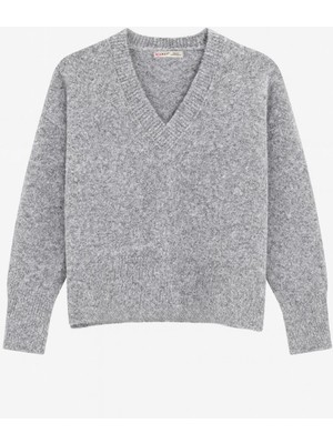 Mixray 6996 Kadın V Yaka Yumoş Triko Kazak Gri