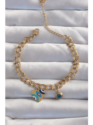 Vice Avm Gold Renk 316 L Çelik  Nazarlı Kalp Model Zincir Bileklik EB-53-vice/(1395) 2833