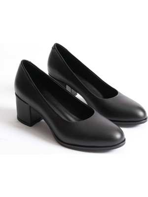 Analin Shoes Kadın Hakiki Deri Kalın Topuklu Klasik Ayakkabı - Siyah
