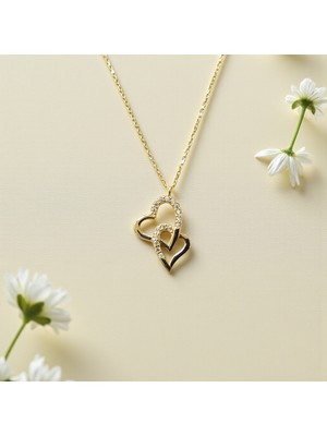 Nova Grup Kalp Figürlü Ikili Kalp Zirkon Taşlı 14 Ayar Altın Kolye