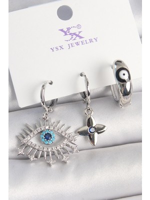 Vice Avm Pirinç Gümüş Renk Zirkon Taşlı Göz Model Nazar Boncuk Detay 3'Lü Kadın Kombin Küpe EB-53-vice/(1395) 2858