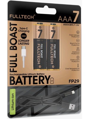Azurtech Fulltech USB Type-C Şarjlı Ince Aaa Pil 1.5V | 1000+ Kez Şarj Edilebilir Lityum Pil | Kalem Pil (2’li