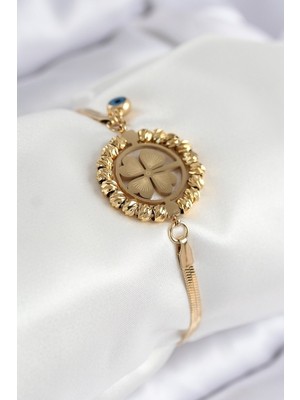 Vice Avm 316L Çelik Nazar Boncuk Detaylı Yonca Model İtalyan Zincir Gold Renk Kadın Bileklik Vice-5353 EB-53-vice/(1395) 2878