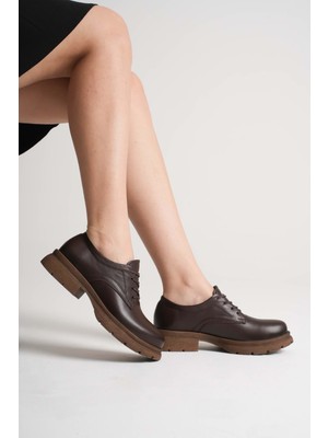Analin Shoes Kadın Hakiki Deri Bağcıklı Oxford Ayakkabı - Kahve