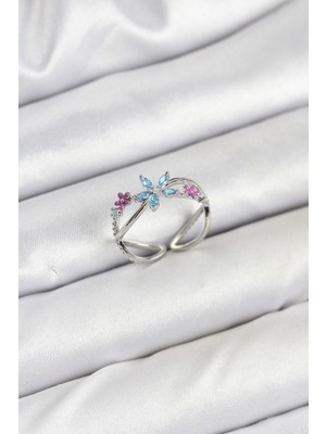 Vice Avm Pirinç Gümüş Renk Zirkon Taşlı Mavi Çiçekli Kadın Yüzük EB-53-vice/(1395) 2891