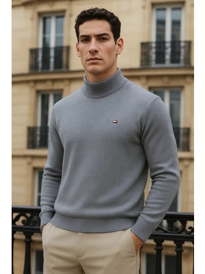 Comstar Erkek Trend Kışlık Yarım Boğazlı Gri Triko Kazak